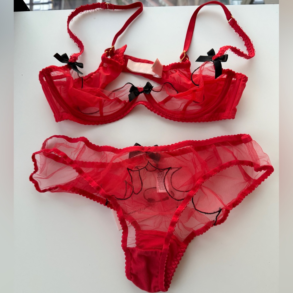 Agent Provocateur Red Sheer Mesh Bra & Brief Set
